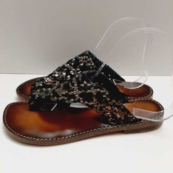 EMANUELE CRASTO Italy Woven Thong Flat Sandals Lather Black & Silver Sz 7 / 37 - Picture 6 of 13